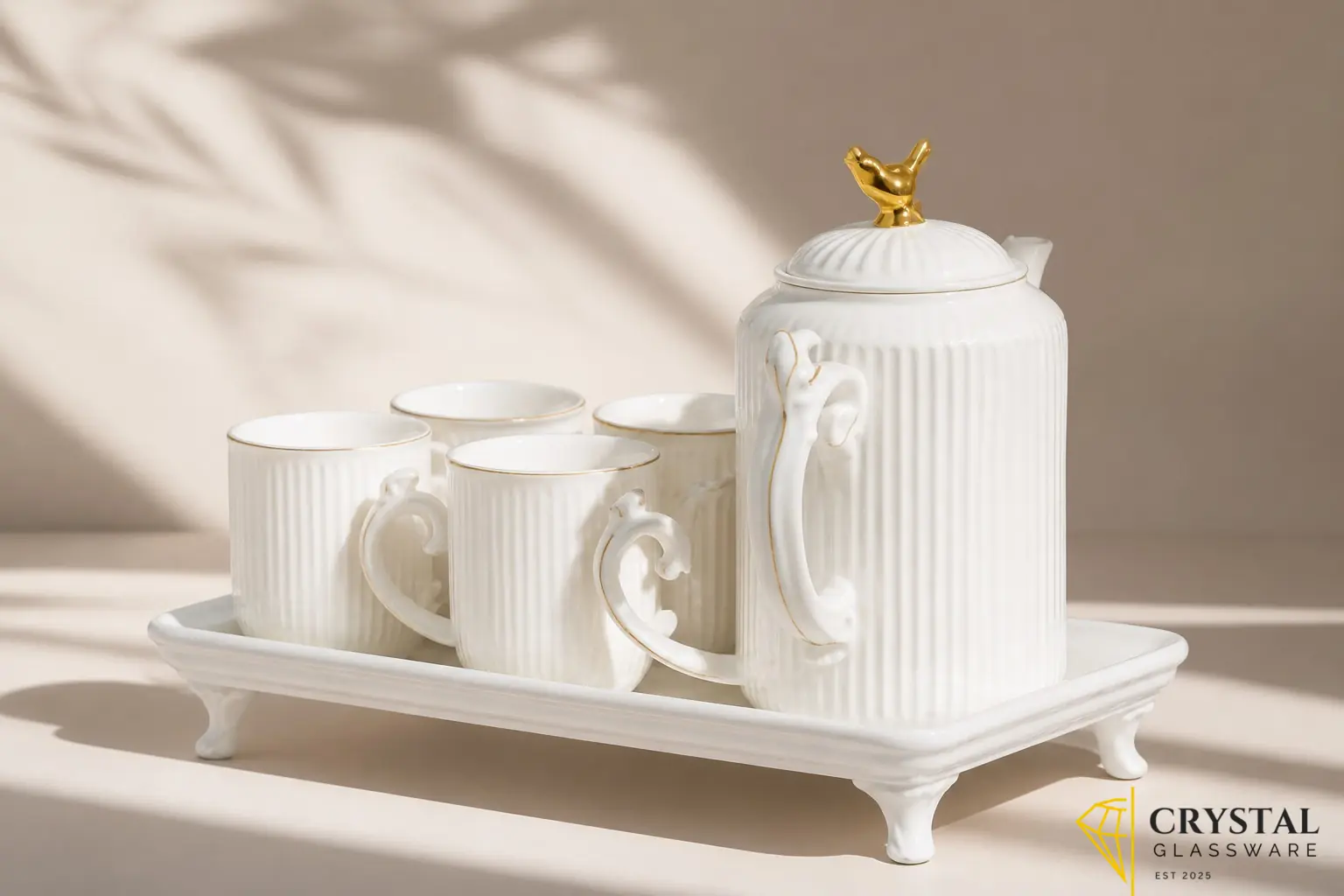 Imported white bone china coffee / Tea set with 6 cups, a teapot, and a tray